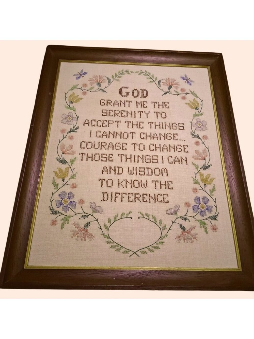 Vintage Framed Serenity Prayer Cross-Stitch Wall Art With Floral Border•78